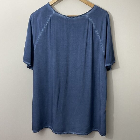 Temperance Boho T-Shirt Top Womens L Blue Crochet Blouse Tassel Lace Fringe EUC - Picture 7 of 10